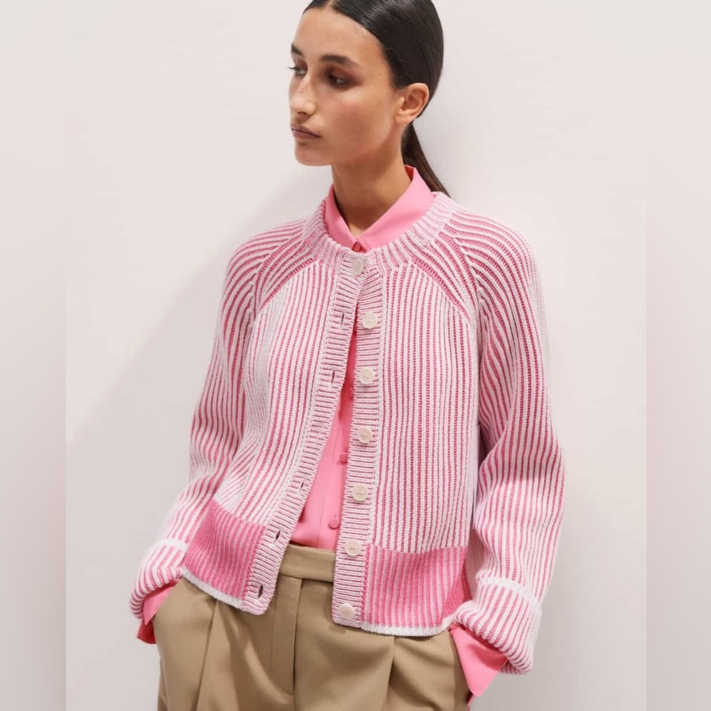 ME+EM Soft Touch Rib Cotton Cardigan Perfect Pink/White Women’s Size Medium, New